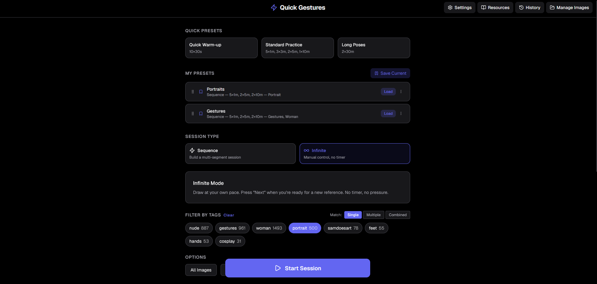 Home screen with presets and session options